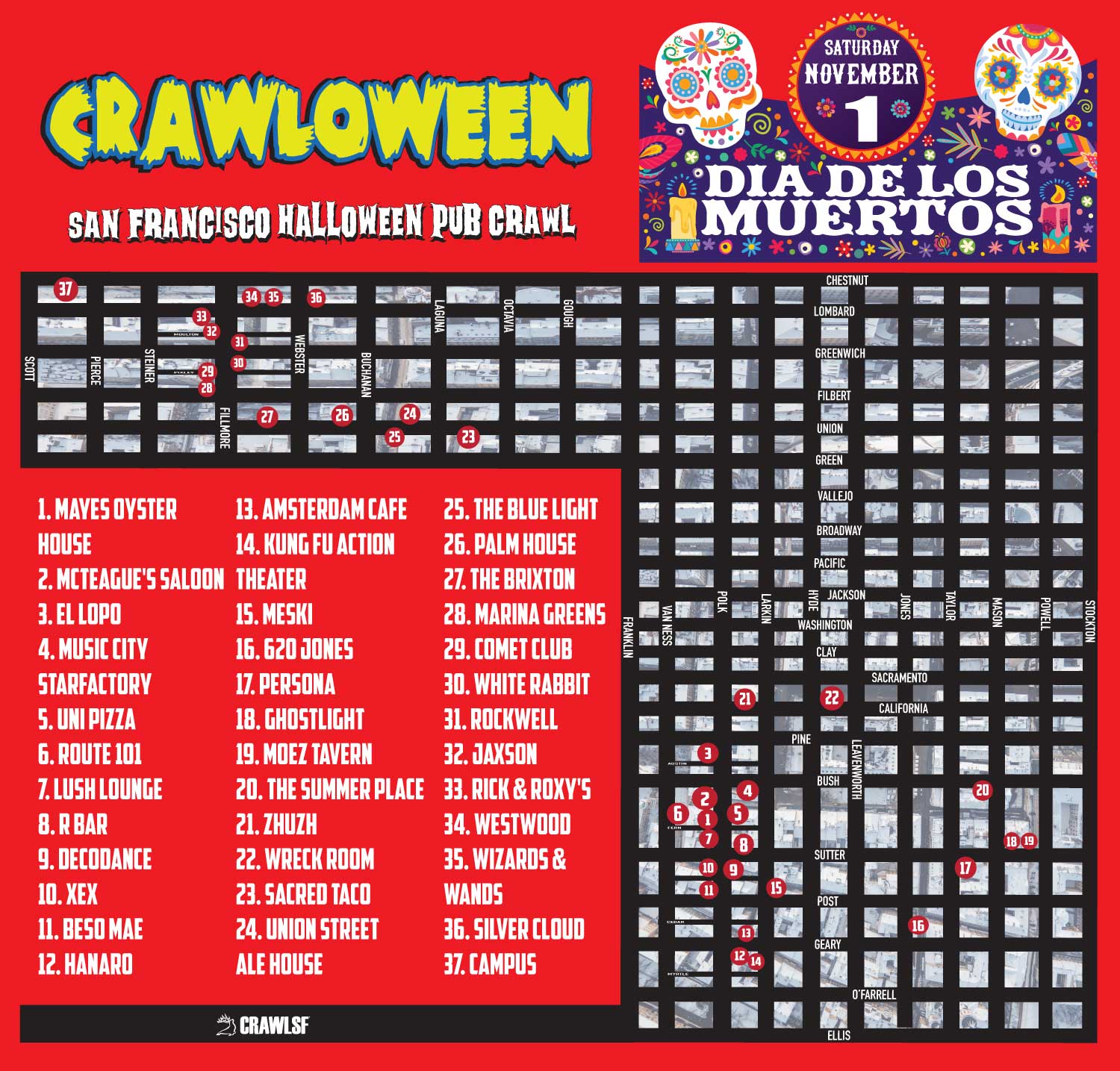 Dia De Los Muertos Pub Crawl Map - San Francisco