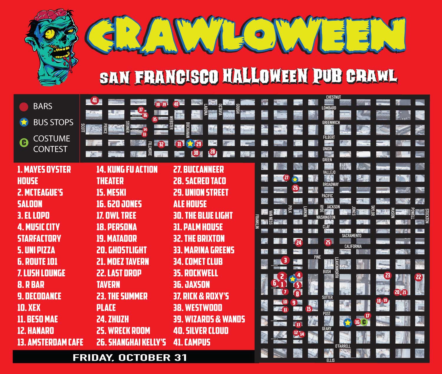 Halloween Pub Crawl Map - Saturday, October 31, 2025