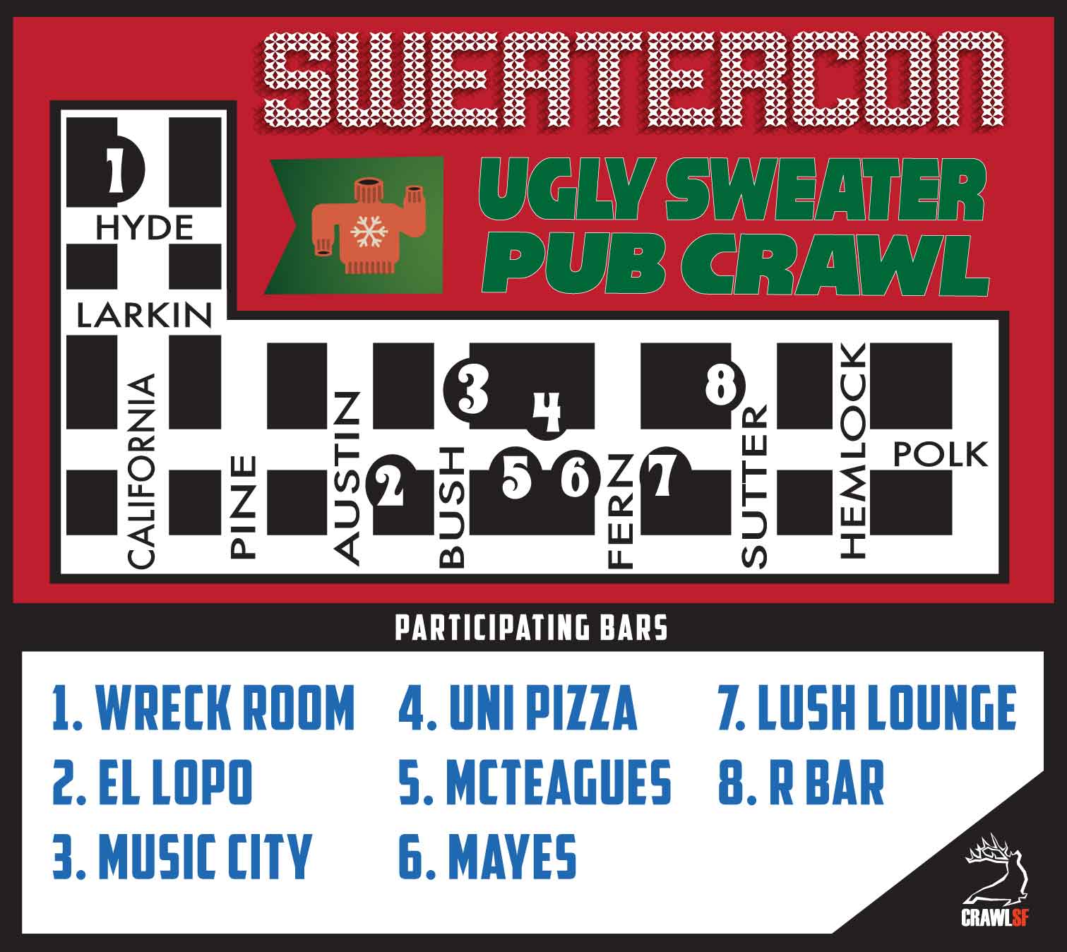 Sweatercon 2025 Pub Crawl Map